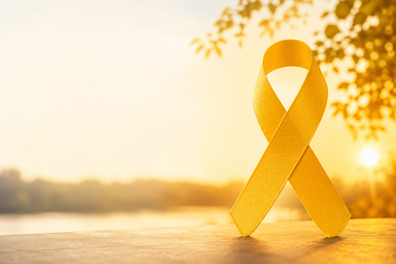 Laço amarelo do Setembro Amarelo em destaque sobre uma superfície iluminada pelo sol, com uma paisagem tranquila ao fundo em tons dourados.