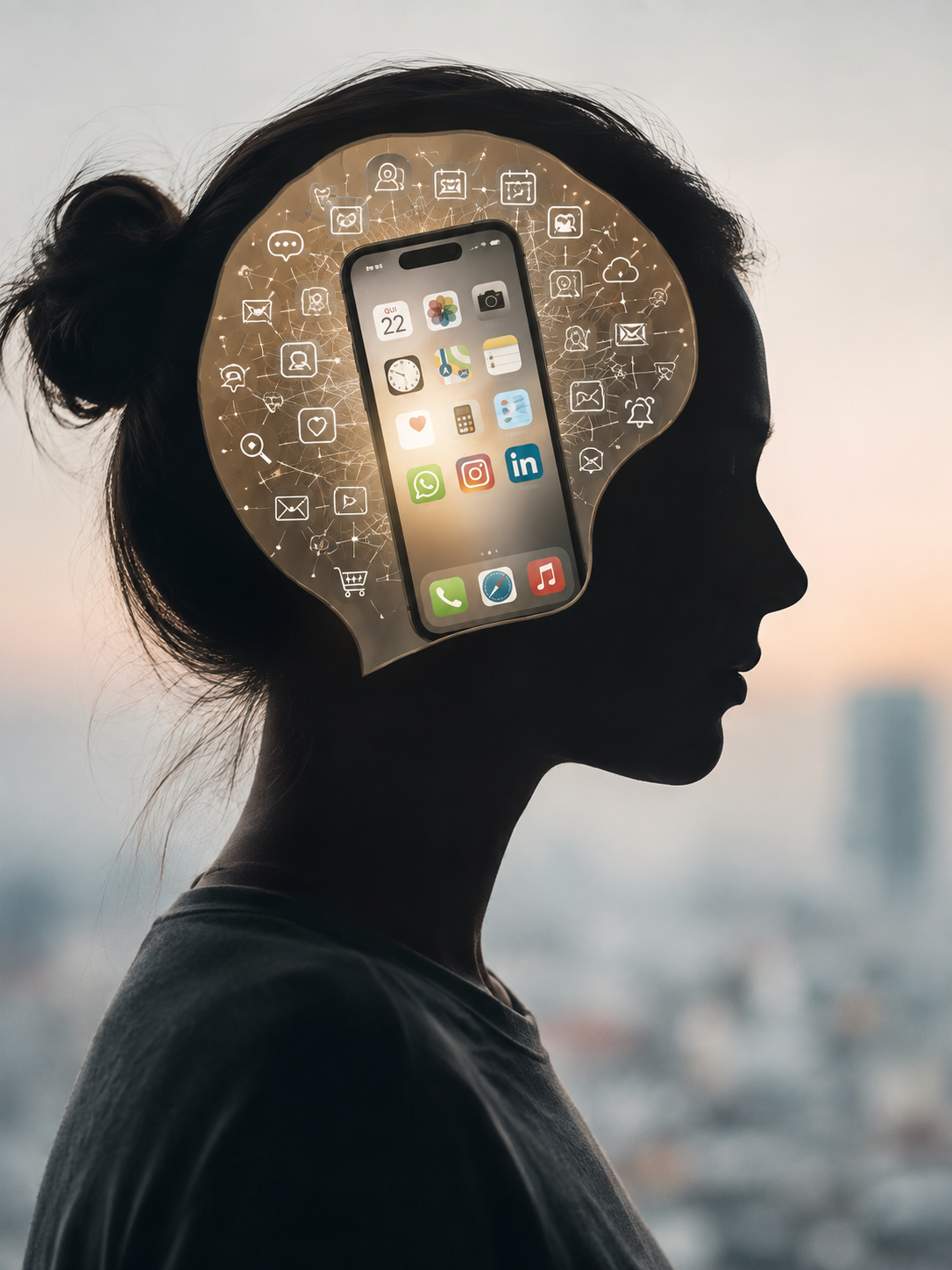 Silhueta de uma mulher de perfil, diante de uma paisagem urbana desfocada, com a representação de um celular e diversos ícones de aplicativos e redes sociais dentro da cabeça, simbolizando a influênci