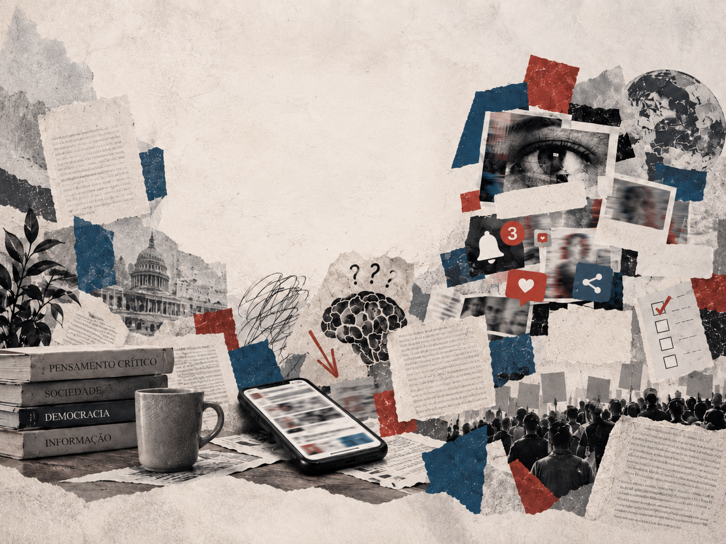 Colagem editorial sobre senso crítico e excesso de informação, com celular exibindo conteúdos, ícones de redes sociais, cérebro, recortes de notícias, livros sobre pensamento crítico e democracia, alé