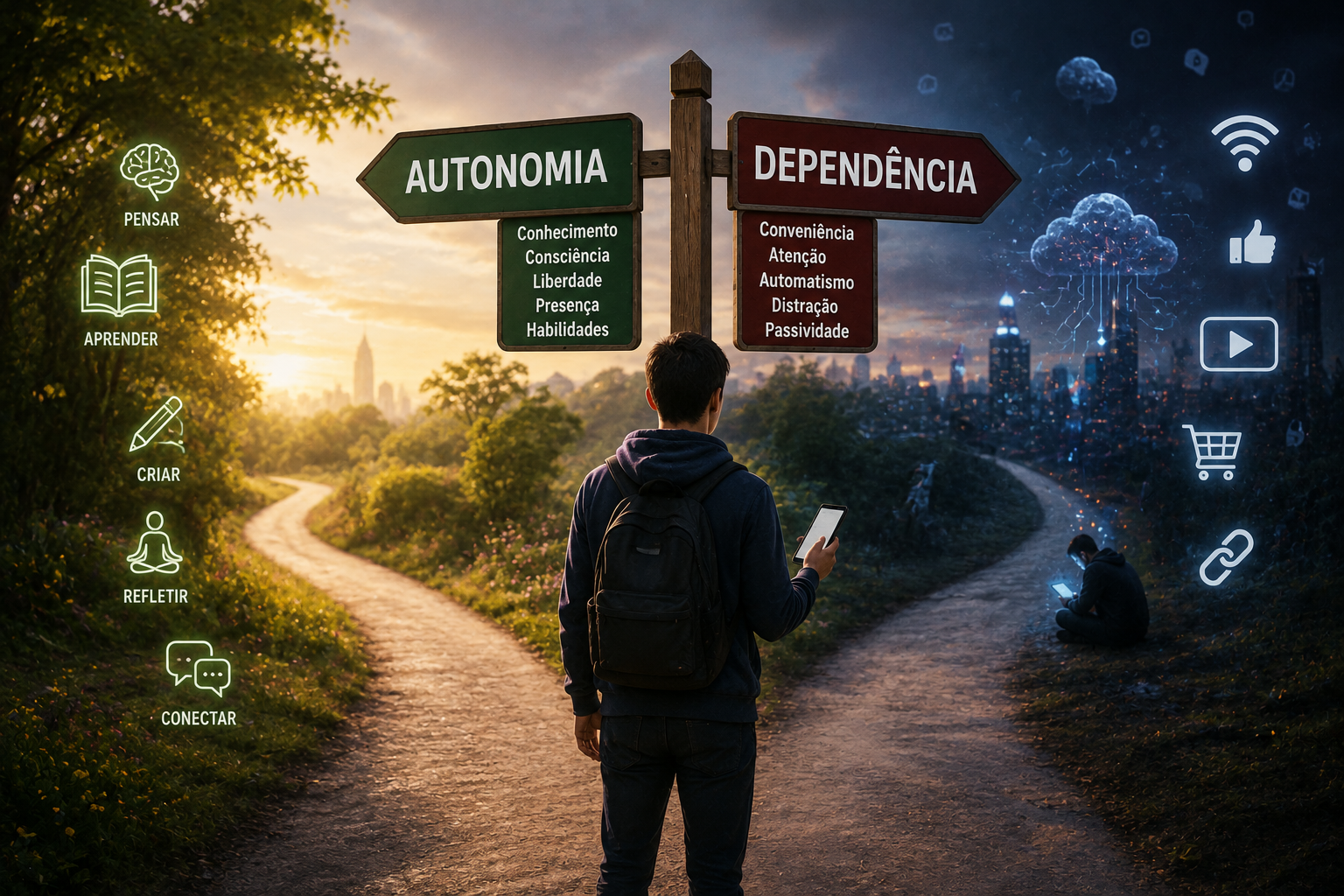 Imagem dividida entre dois caminhos. Ao centro, uma pessoa com mochila segura um celular diante de placas que apontam para “Autonomia” e “Dependência”. À esquerda, um cenário claro e natural represent