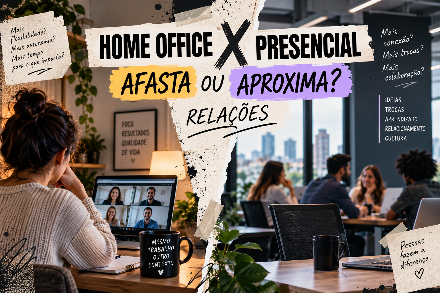 Imagem dividida ao meio comparando home office e trabalho presencial. À esquerda, uma profissional trabalha de casa em uma videochamada; à direita, colegas interagem em um escritório. No topo, o texto